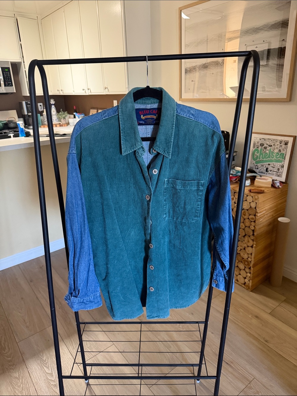 Vintage Café Bleu Mixed Media Green Corduroy & Blue Denim Button Down Shirt M